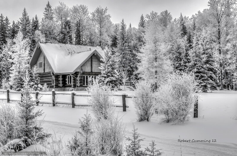 Log Cabin in Snow — Black, Serene, Winter, Photograph