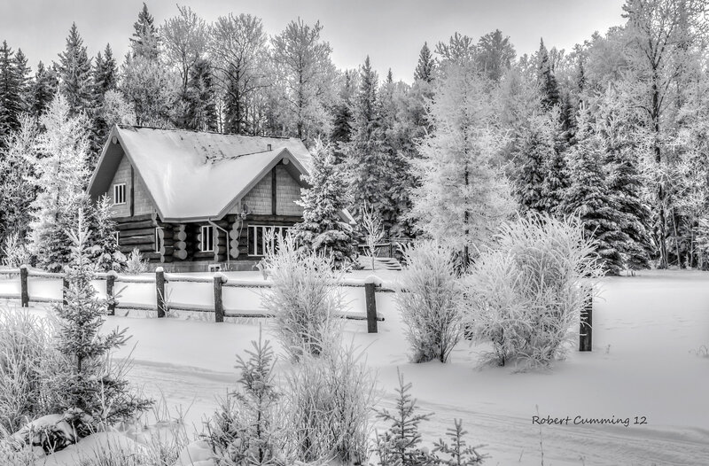 Log Cabin in Snow — Black, Serene, Winter