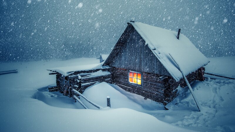 Log Cabin in Snow — Blue, Cold, Night