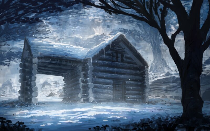 Log Cabin in Snow — Blue, Cold