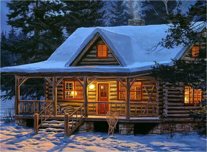 Log Cabin in Snow — Blue, Cozy