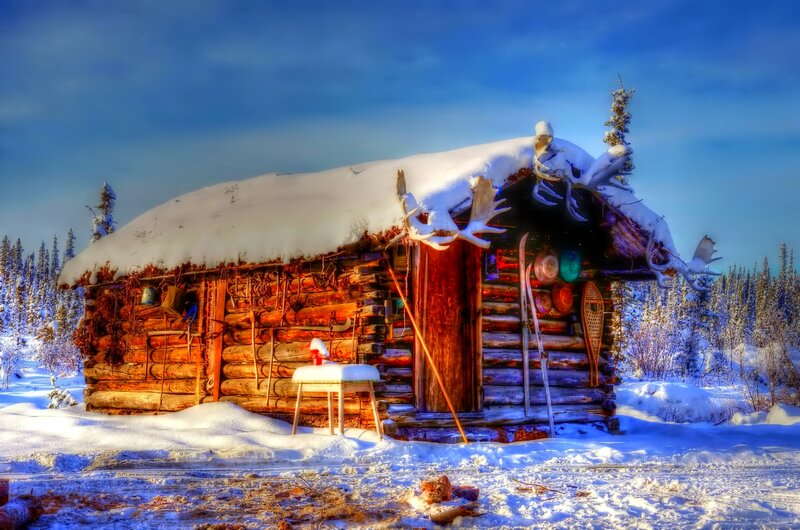Log Cabin in Snow — Blue, Dramatic