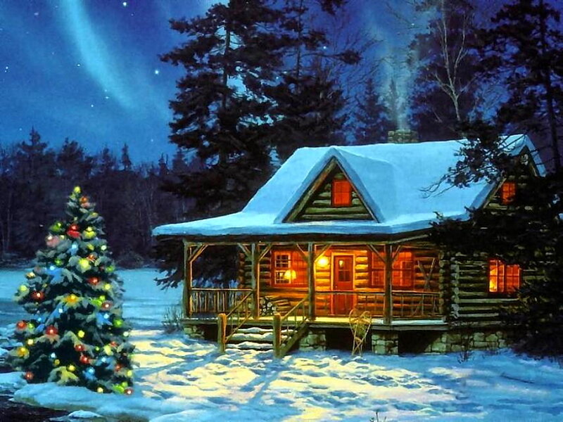 Log Cabin in Snow — Blue, Peaceful