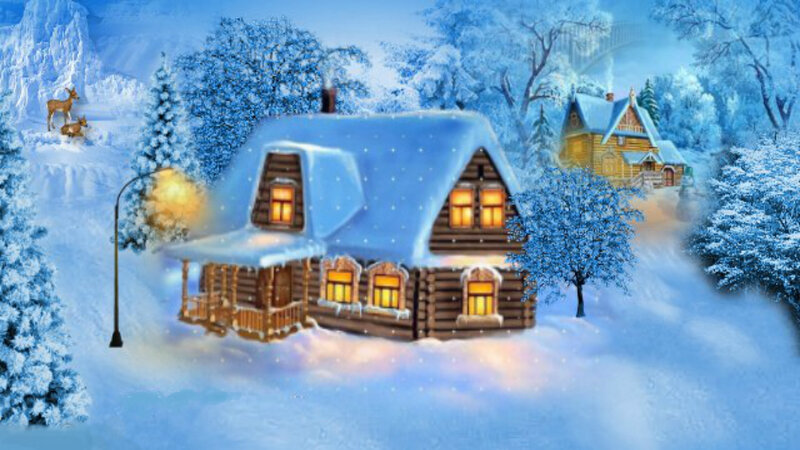 Log Cabin in Snow — Blue, Peaceful, Winter