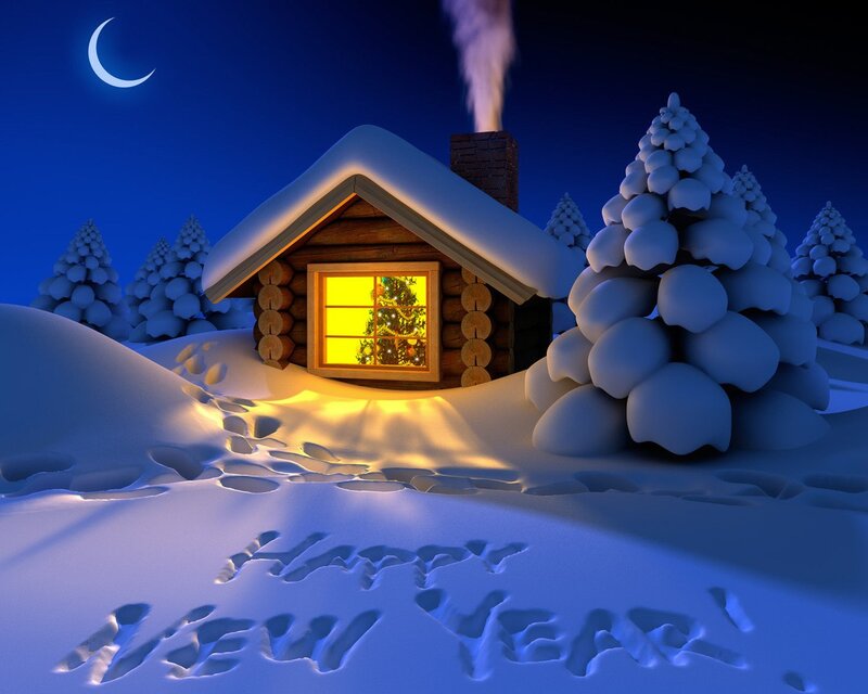 Log Cabin in Snow — Blue, Serene, Night, 3d Render, Christmas Tree, Footprints