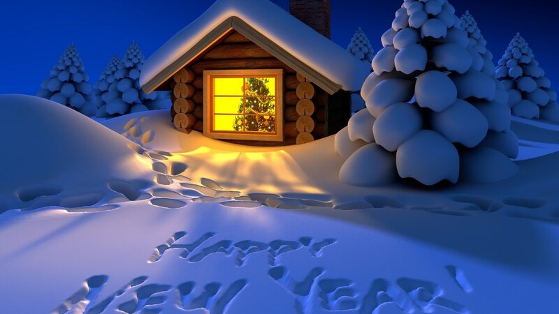 Log Cabin in Snow — Blue, Serene, Night, 3d Render, Christmas Tree