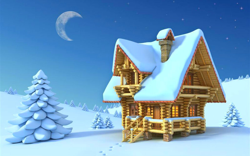 Log Cabin in Snow — Blue, Serene, Night, 3d Render