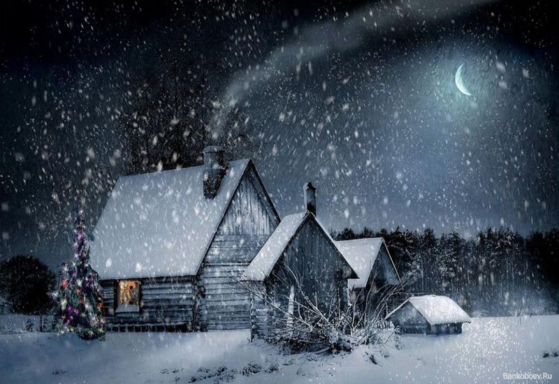 Log Cabin in Snow — Blue, Serene, Night, Digital Art, Snowfall