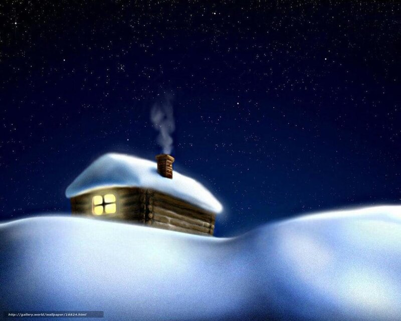 Log Cabin in Snow — Blue, Serene, Night, Digital Art