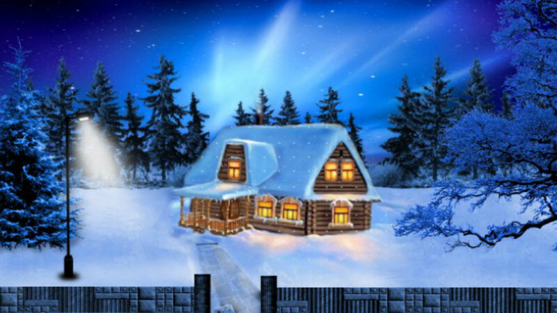 Log Cabin in Snow — Blue, Serene, Night, Digital Art, Trees