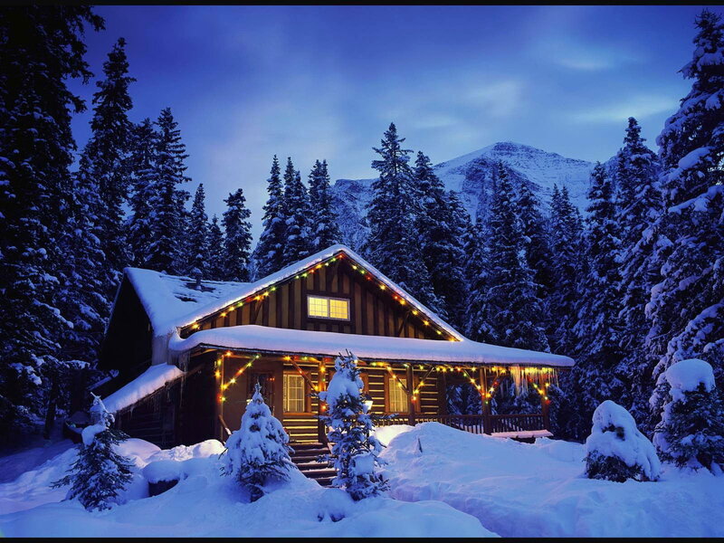 Log Cabin in Snow — Blue, Serene, Night, Photograph
