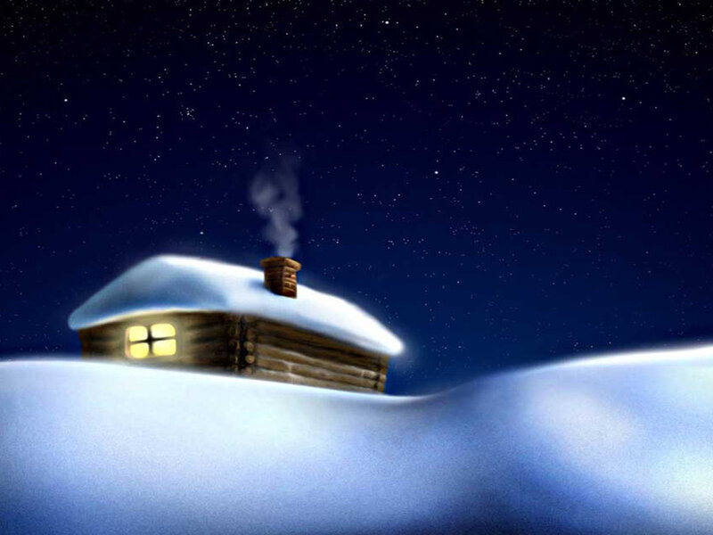 Log Cabin in Snow — Blue, Serene, Night