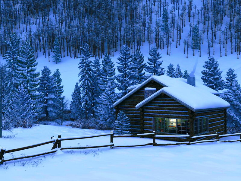 Log Cabin in Snow — Blue, Serene, Winter, Digital Art