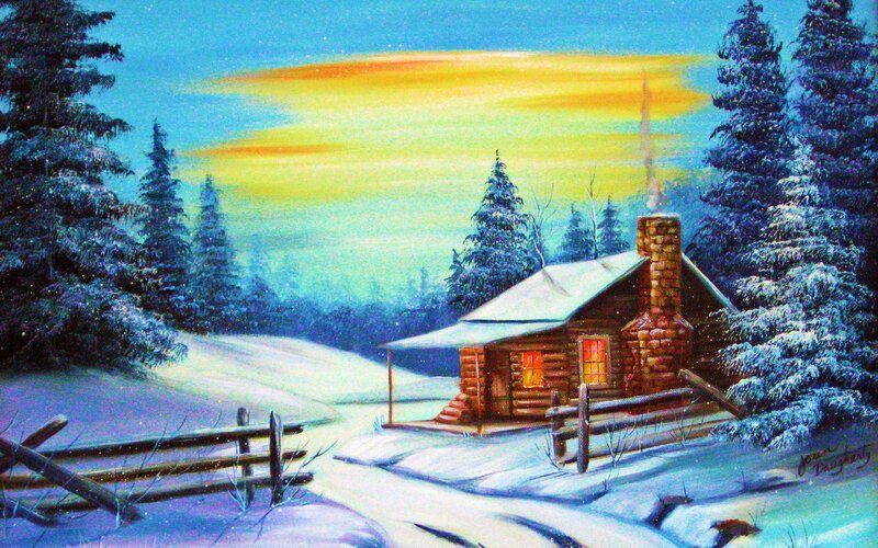 Log Cabin in Snow — Blue, Serene, Winter, Painting