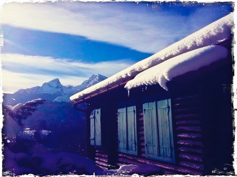 Log Cabin in Snow — Blue, Serene, Winter, Photograph