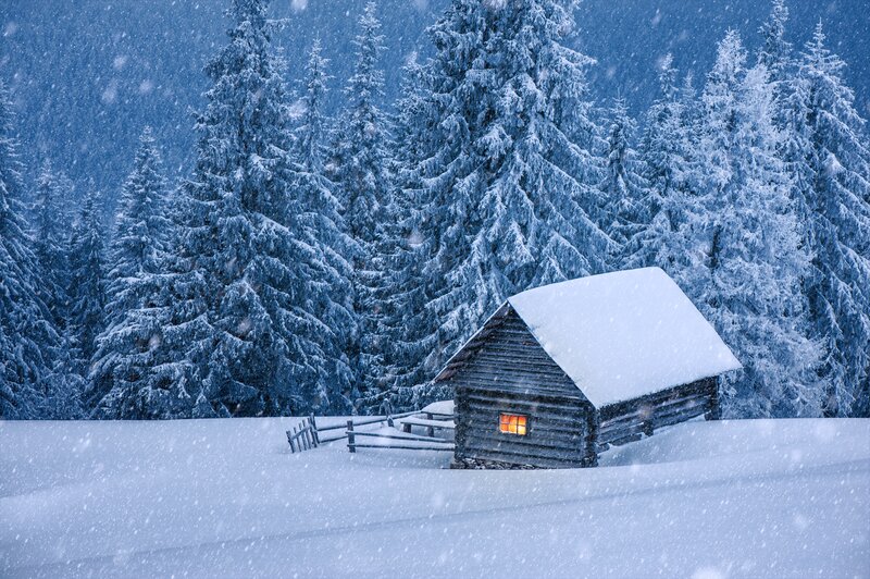 Log Cabin in Snow — Blue, Serene, Winter, Photograph, Trees, Fence