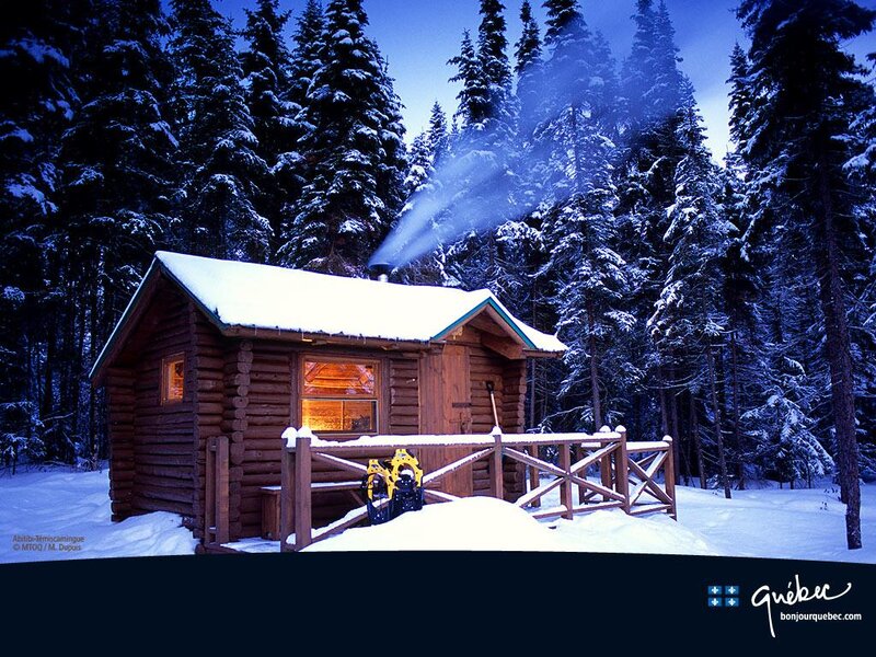 Log Cabin in Snow — Blue, Serene, Winter, Photograph, Trees, Smoke