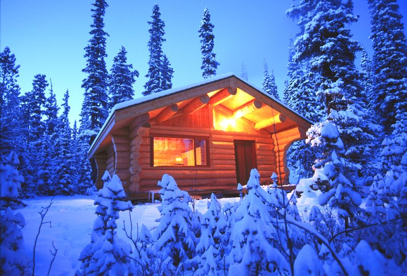 Log Cabin in Snow — Blue, Serene, Winter, Photograph, Trees