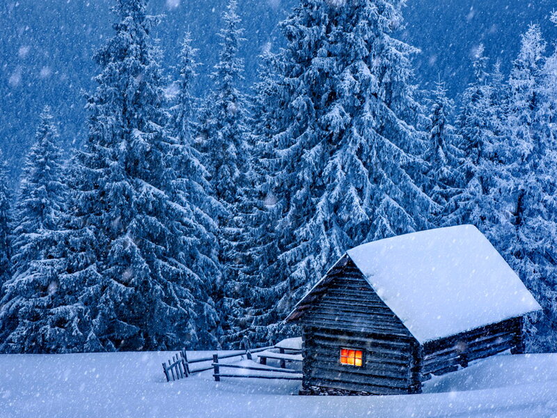 Log Cabin in Snow — Blue, Serene, Winter, Photograph, Trees, Window
