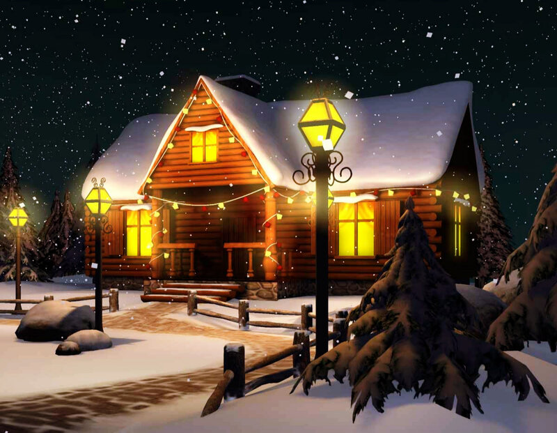 Log Cabin in Snow — Brown, Cozy, Night, Digital Art