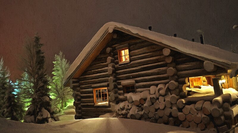 Log Cabin in Snow — Brown, Cozy, Night, Digital Art, Trees