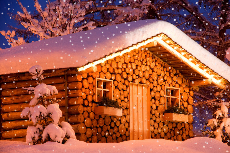 Log Cabin in Snow — Brown, Cozy, Night