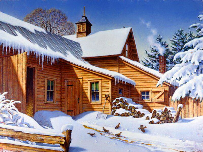 Log Cabin in Snow — Brown, Serene, Winter, Painting