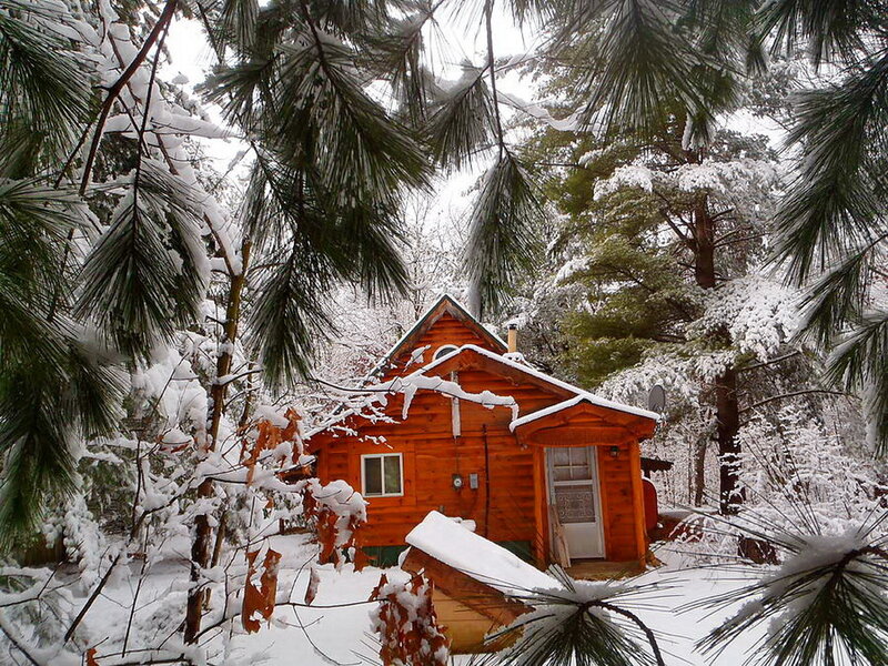 Log Cabin in Snow — Brown, Serene, Winter, Photograph, Pine Trees