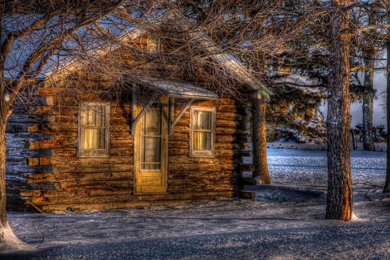 Log Cabin in Snow — Brown, Serene, Winter, Photograph