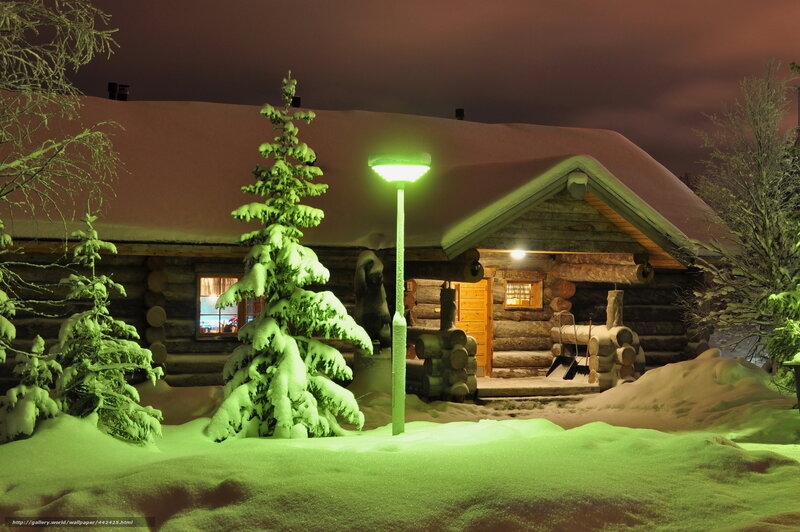 Log Cabin in Snow — Green, Serene, Night