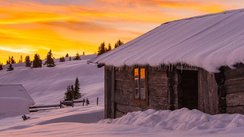 Log Cabin in Snow — Orange, Serene