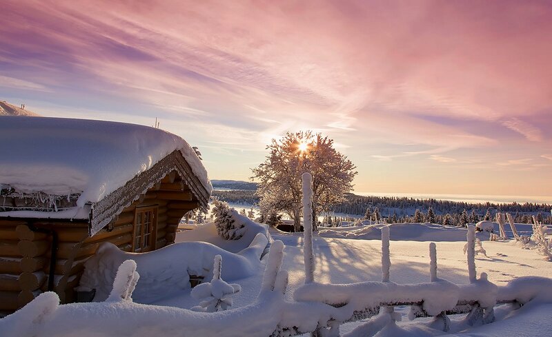 Log Cabin in Snow — Pink