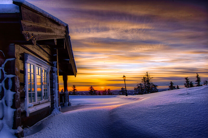 Log Cabin in Snow — Purple, Dramatic, Sunset