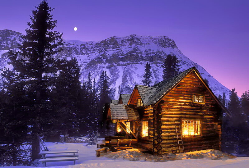 Log Cabin in Snow — Purple, Serene, Night