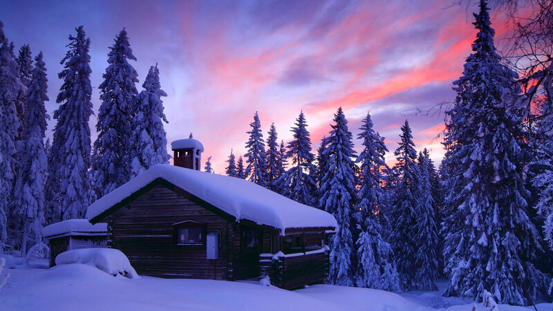 Log Cabin in Snow — Purple, Serene, Sunset