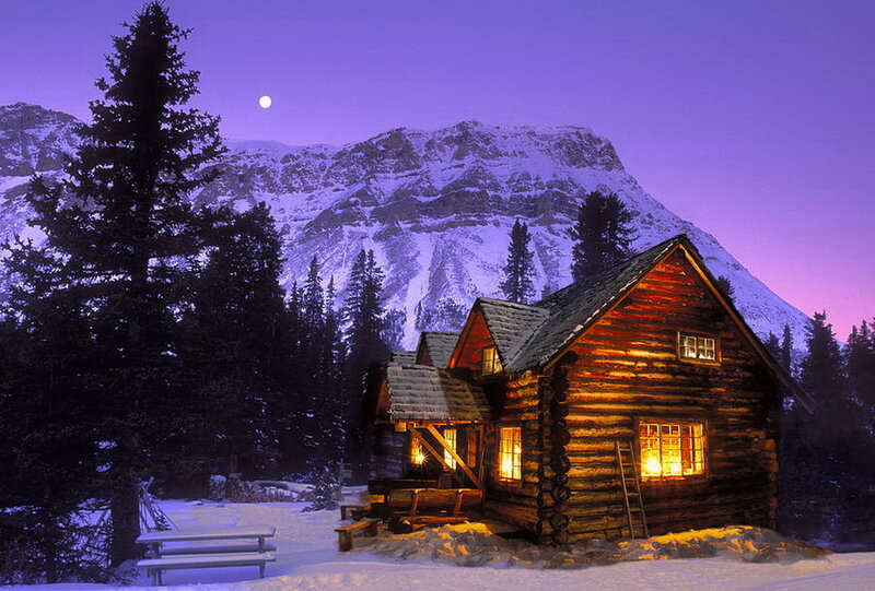 Log Cabin in Snow — Purple, Serene