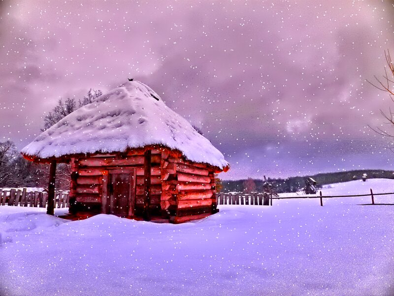 Log Cabin in Snow — Purple, Serene, Winter