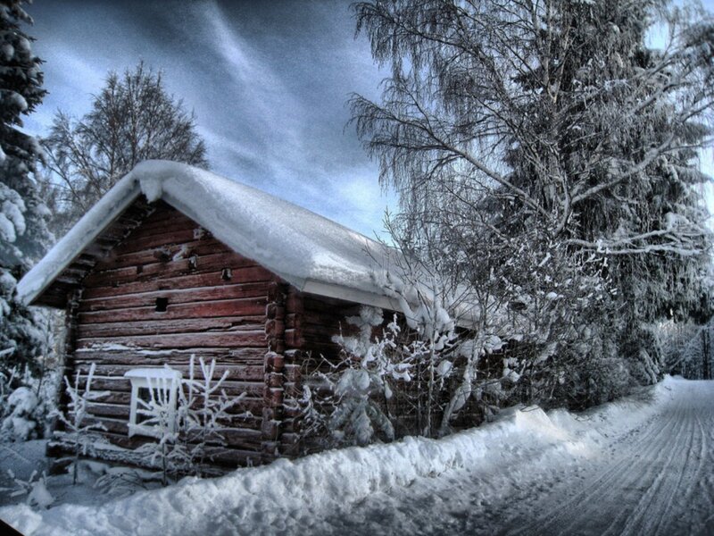 Log Cabin in Snow — White, Cold