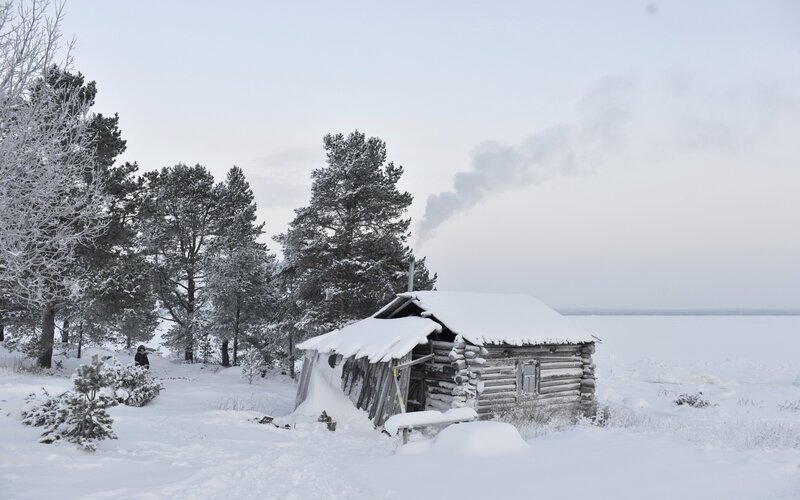 Log Cabin in Snow — White, Cold, Winter, Photograph