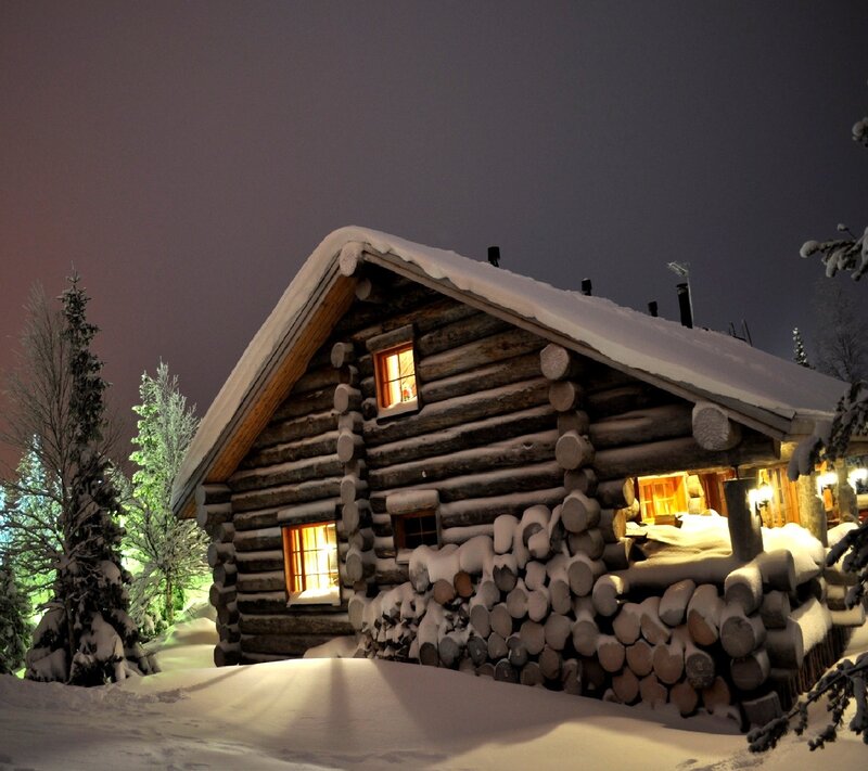 Log Cabin in Snow — White, Cozy, Night, Photograph