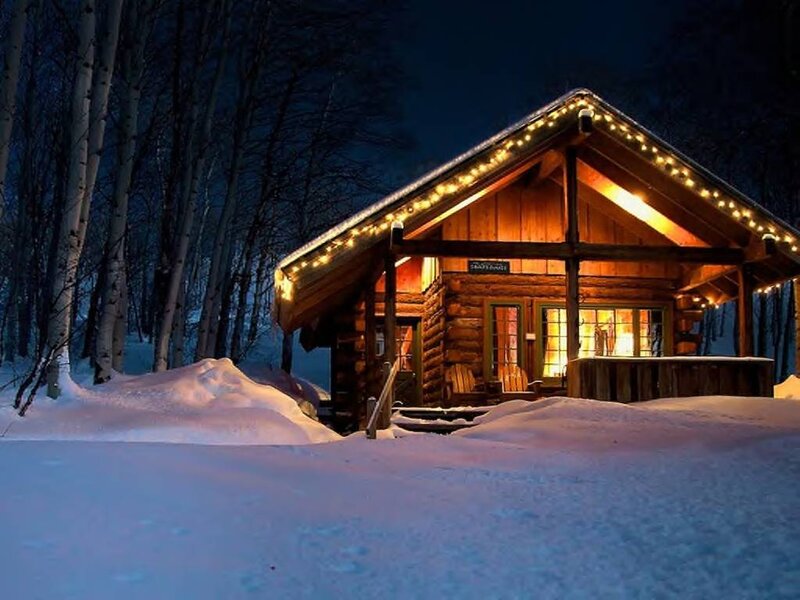 Log Cabin in Snow — White, Cozy, Night