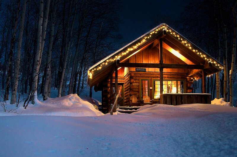 Log Cabin in Snow — White, Cozy