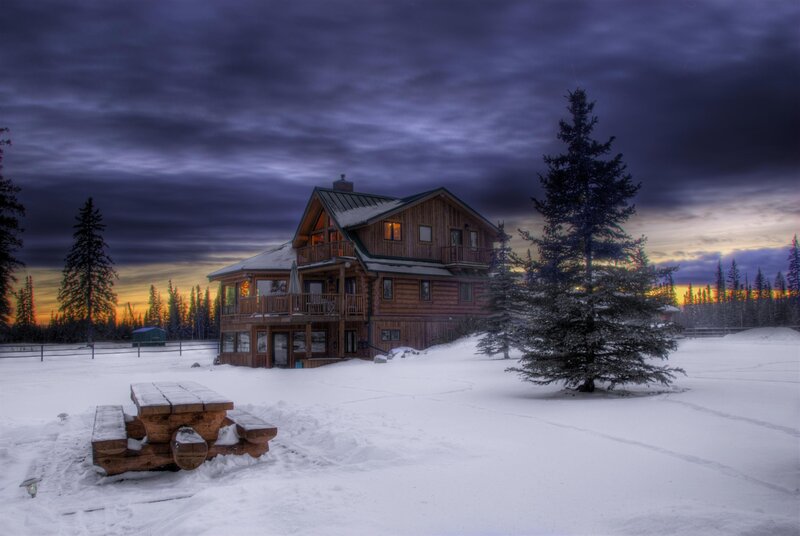 Log Cabin in Snow — White, Dramatic, Sunset