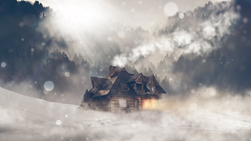 Log Cabin in Snow — White, Misty