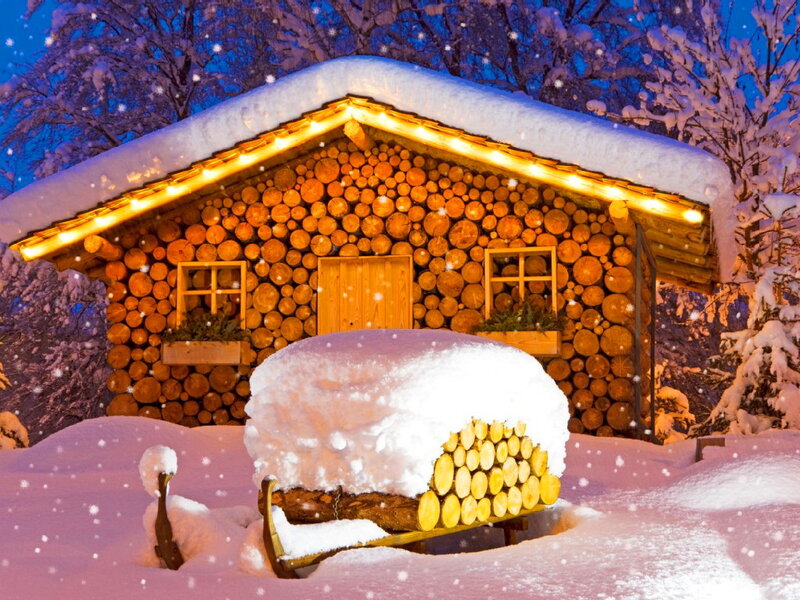 Log Cabin in Snow — White, Peaceful, Night, Photograph