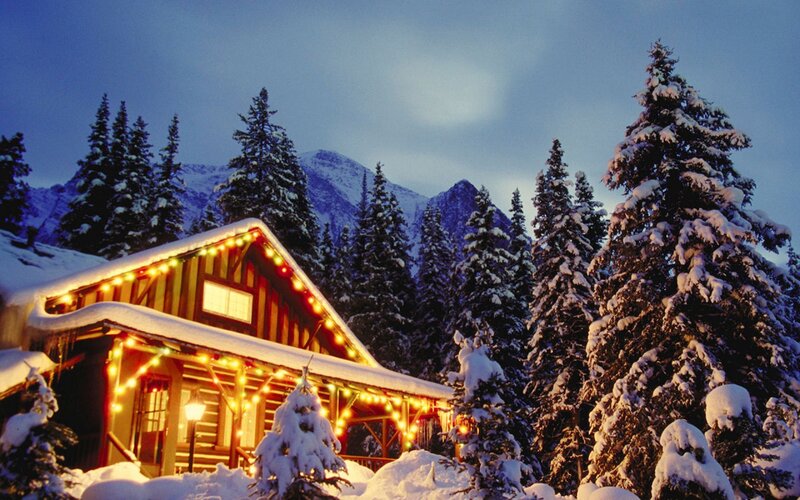 Log Cabin in Snow — White, Peaceful, Night