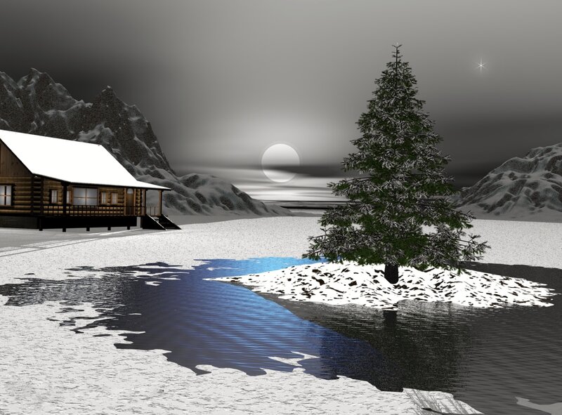 Log Cabin in Snow — White, Serene, Night, 3d Render, Mountains