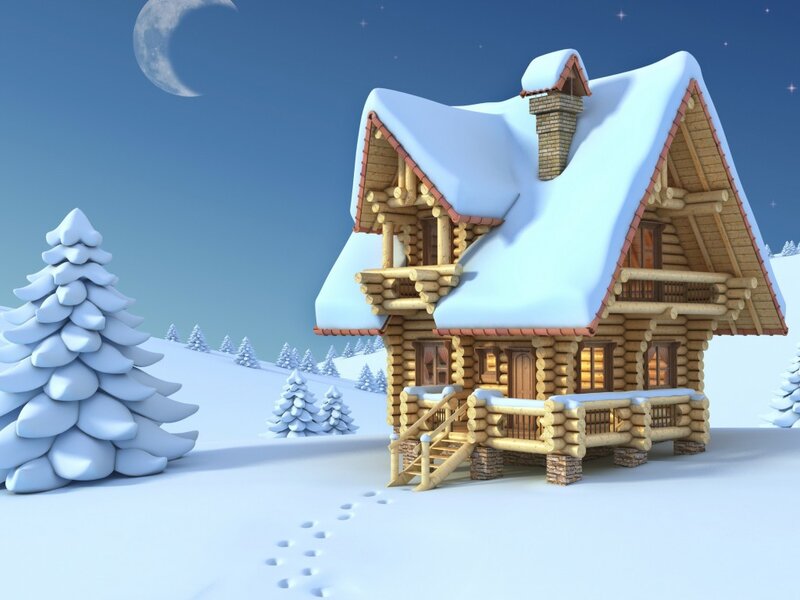 Log Cabin in Snow — White, Serene, Night, 3d Render, Pine Trees