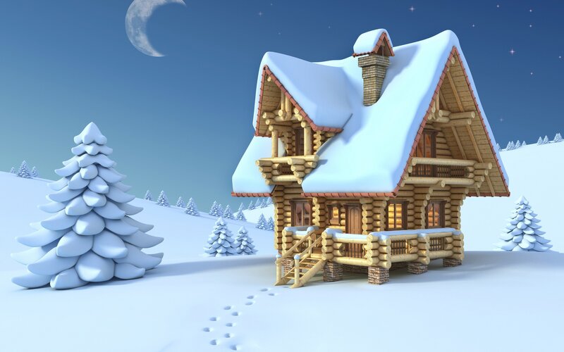Log Cabin in Snow — White, Serene, Night, 3d Render, Snow-covered Trees, Moon