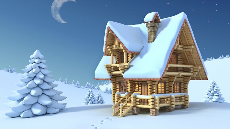 Log Cabin in Snow — White, Serene, Night, 3d Render, Snow-covered Trees